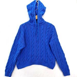Ralph Lauren LRL Sweater Womens L Blue Black Label Hooded Cable Knit Chunky Crop